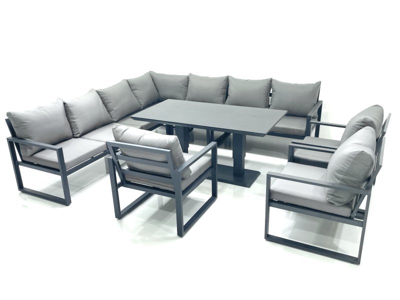 Fimous 10 Seater Outdoor Aluminum Garden Furniture Set Corner Sofa 3 Chairs Adjustable Rising Lifting Dining Table Sets Dark Grey
