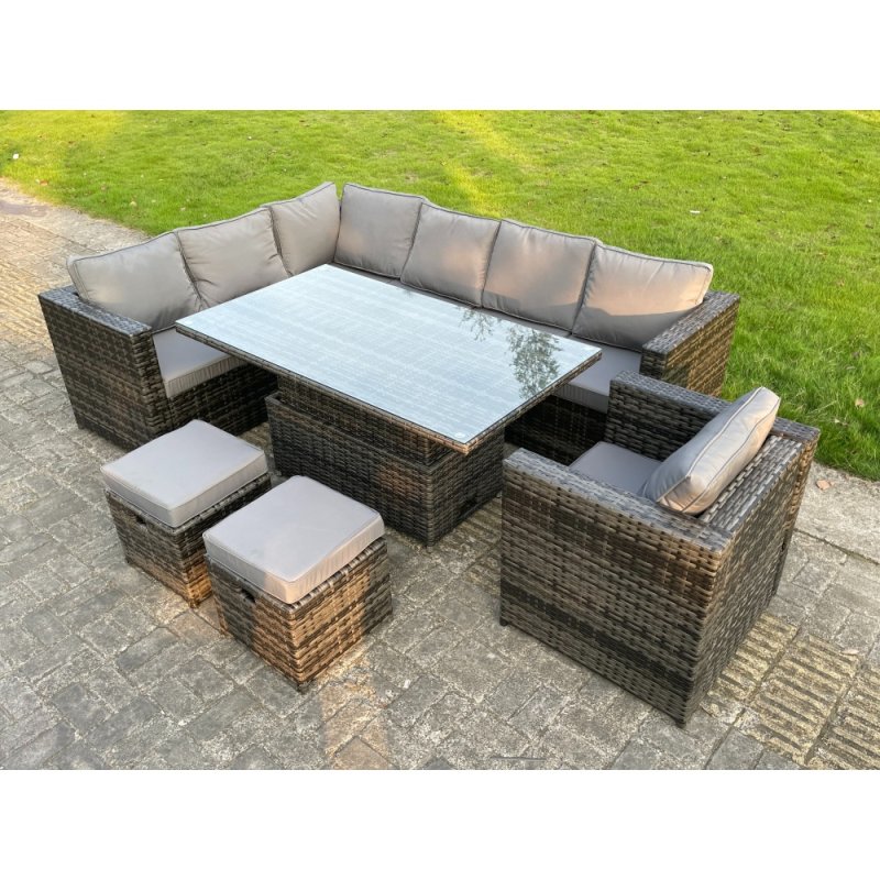Fimous 9 Seats Dark Mixed Grey Rattan Garden Furniture Corner Sofa Set Adjustable Dining Or Coffee Table Chair Left Corner