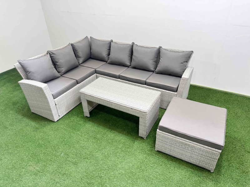 Fimous Rattan Garden Furniture Set Outdoor 7 Seater Corner Sofa Sets with Oblong Coffee Table Big Footstool Light Grey Mixed