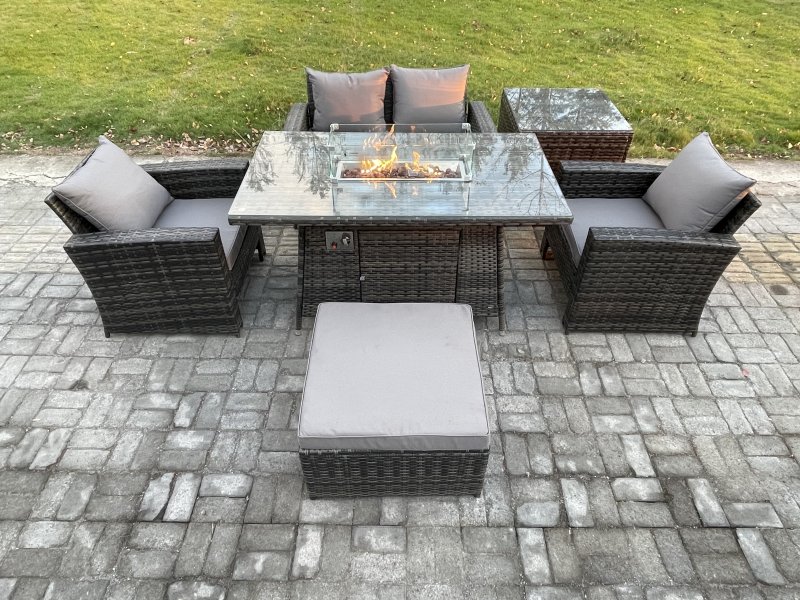 Fimous 5 Seater?Outdoor Rattan Sofa Set Garden Furniture Gas Firepit Dining Table Heater with Big Footstool Side Table Dark Grey Mixed