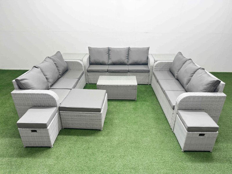 Fimous PE Rattan Lounge Sofa Set 12 Seater Outdoor Garden Furniture Set with Rectangular Coffee Table 3 Seater Sofa 3 Stools 2 Side Table Light Grey