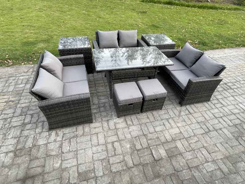 Fimous 8 Seater Wicker PE Rattan Garden Furniture Sets Outdoor Lounge Sofa Set with Oblong Dining Table Double Seat Sofa 2 Small Footstools 2 Side Tables Dark Grey Mixed