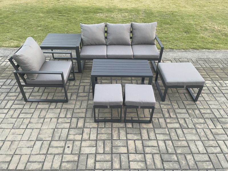Fimous Aluminium 7 Pieces Garden Furniture Sofa Set with Cushions 7 Seater Outdoor Patio Set with Armchair 3 Footstools Side Table Dark Grey