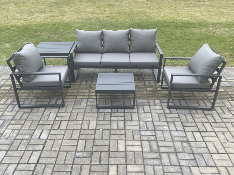 Fimous Aluminium Outdoor Garden Furniture Set Lounge Sofa 2 PC Chairs Square Coffee Table Sets with Side Table Dark Grey