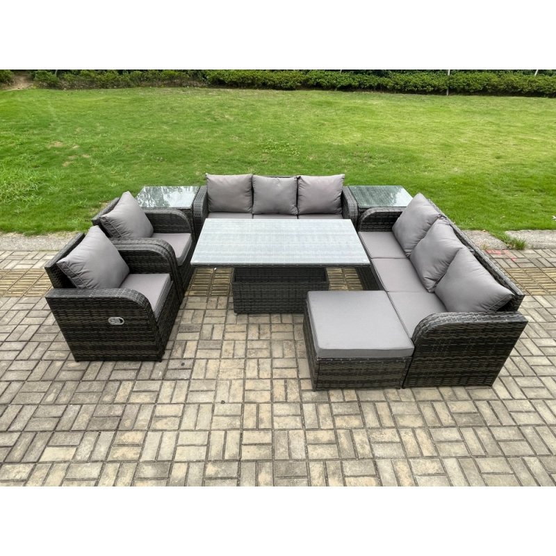 Fimous Rattan Outdoor Garden Furniture Sets Height Adjustable Rising lifting DiningTable Sofa Set with Reclining Chair 2 Side Table Big Footstool Dark Grey Mixed