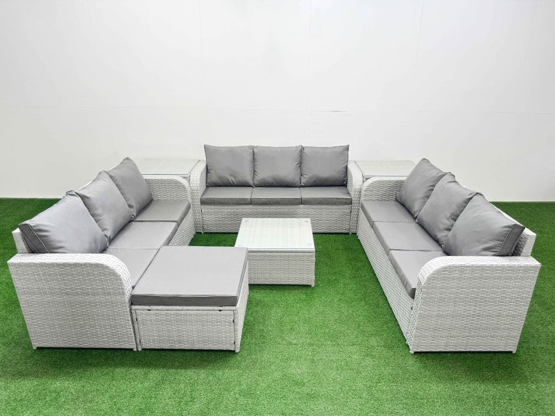 Fimous PE Rattan Lounge Sofa Set 10 Seater Outdoor Garden Furniture Set with Square Coffee Table 3 Seater Sofa Big Footstool 2 Side Table Light Grey