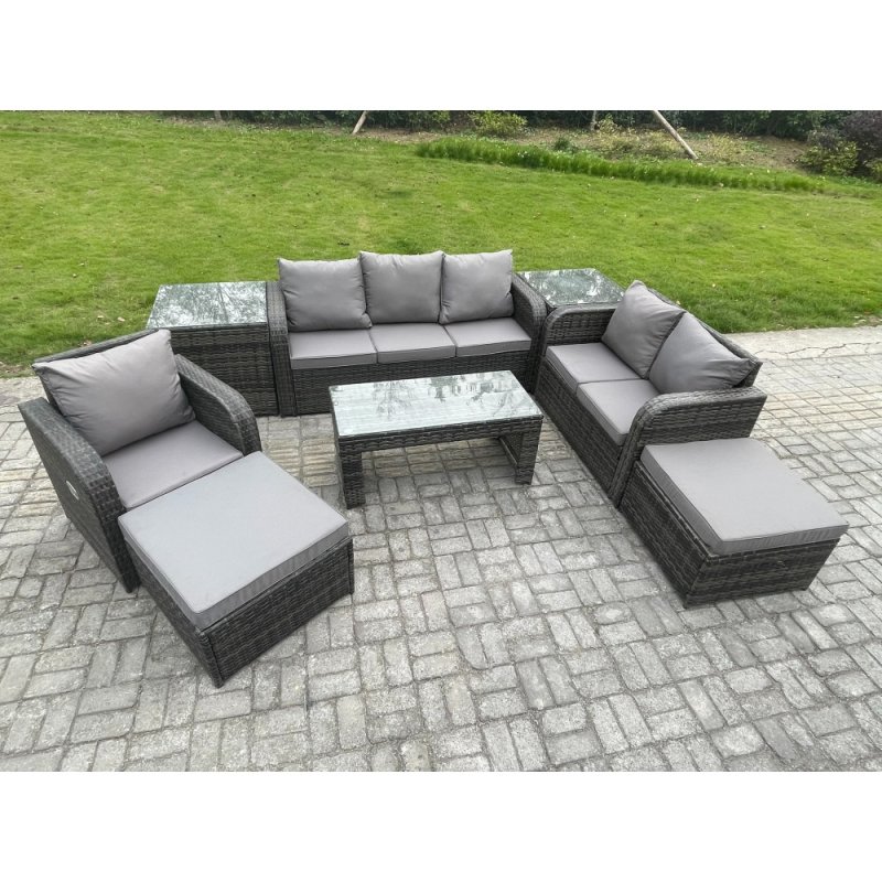Fimous 8 Seater High Back Rattan Garden Furniture Set with Reclining Chair Rectangular Coffee Table 2 Side Tables 2 Big Footstool Indoor Outdoor Patio Lounge Sofa Set Dark Grey Mixed