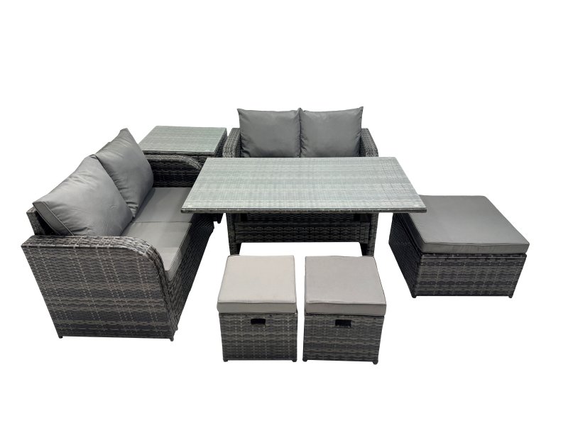 Fimous Wicker PE Rattan Garden Outdoor Furniture Set Love Sofa Dining Table Sets with 3 Stools Side Table Dark Grey Mixed