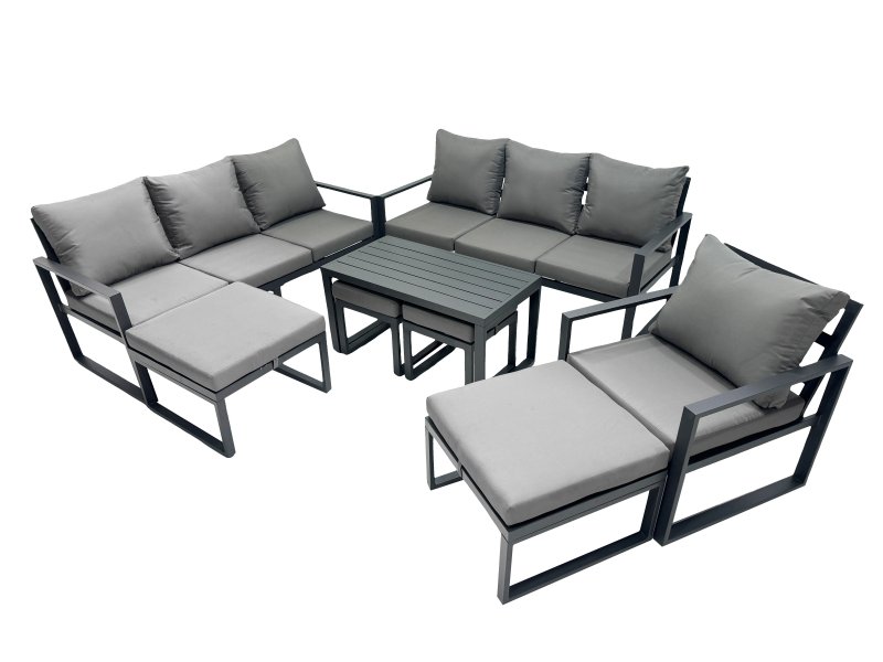 Fimous Outdoor Garden Furniture Set Aluminium Lounge 3 Seat Sofa Oblong Coffee Table Sets with Chair 4 Stools Dark Grey