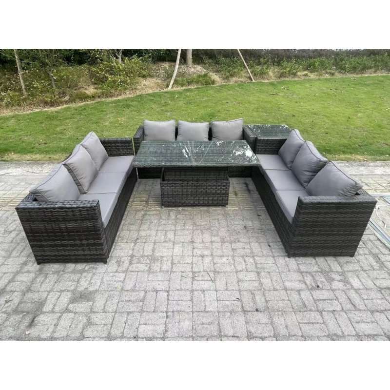 Fimous 9 Seater Outdoor Rattan Garden Furniture Sofa Set Patio Adjustable Rising Lifting Dining Table Set with Side Table Dark Grey Mixed
