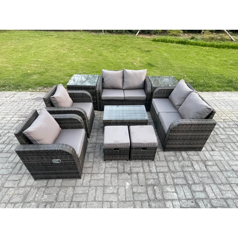 Fimous 8 Seater Rattan Garden Furniture Set Patio Outdoor Lounge Sofa Set with Rectangular Coffee Table 2 Small Footstools Love Sofa 2 Side Tables Dark Grey Mixed