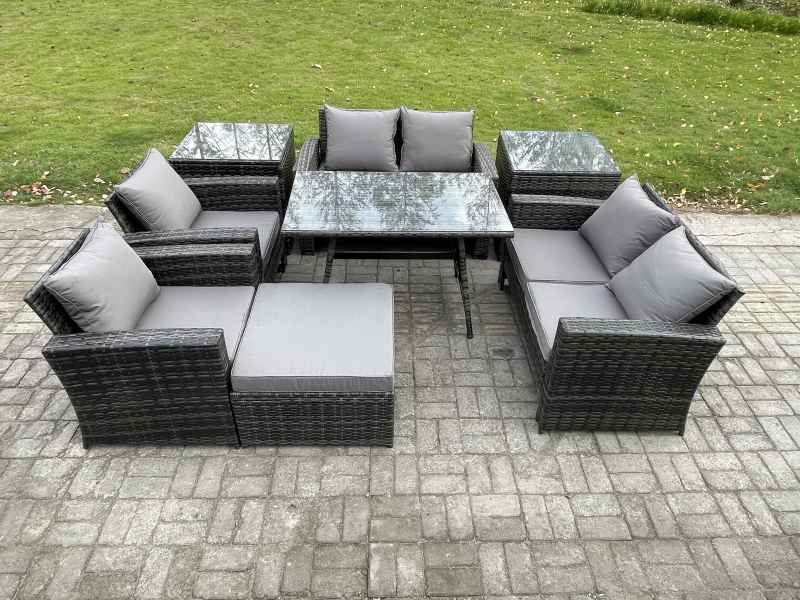 Fimous Rattan Garden Furniture Set Patio Outdoor Lounge Sofa Set with Rectangular Dining Table Double Seat Sofa 2 Side Tables Big Footstool Dark Grey Mixed