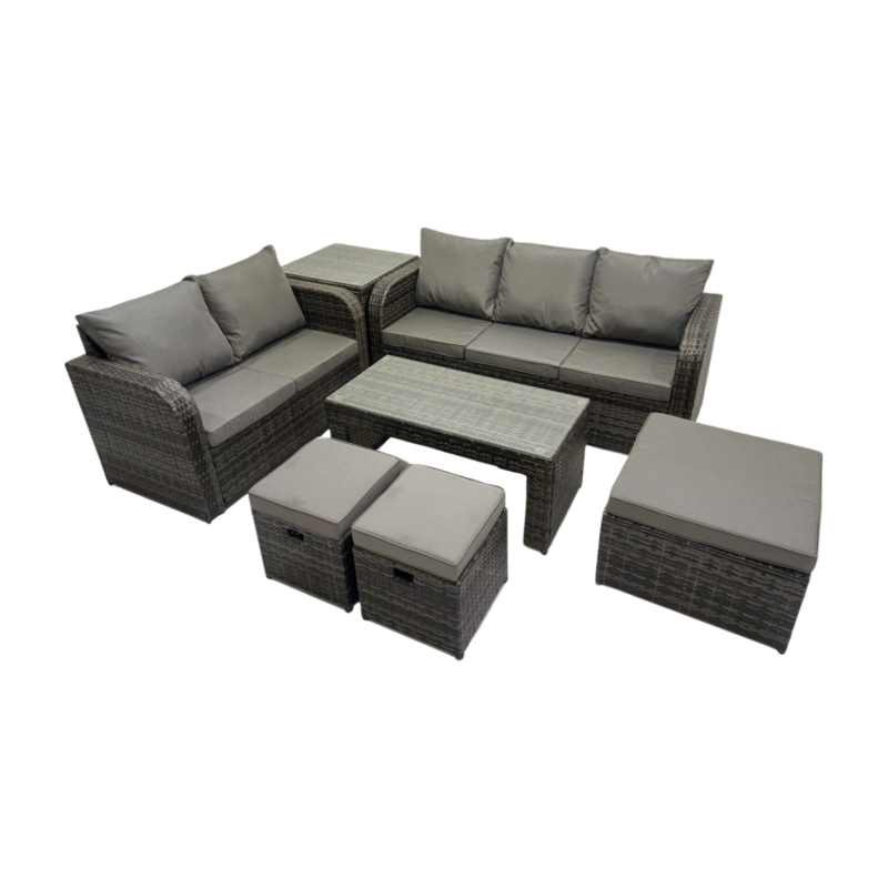 Fimous Rattan Garden Outdoor Furniture Set 3 Seater Sofa Love Sofa Coffee Table with 3 Footstools Side Table Dark Grey Mixed