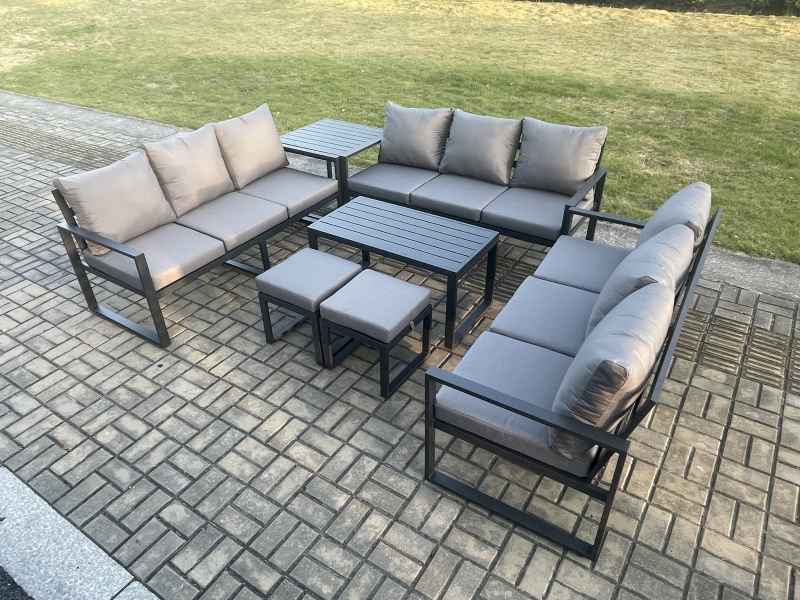 Fimous Aluminium 11 Seater Outdoor Garden Furniture Set Lounge Sofa Oblong Coffee Table 2 Small Footstools Side Table Sets with Cushions Dark Grey