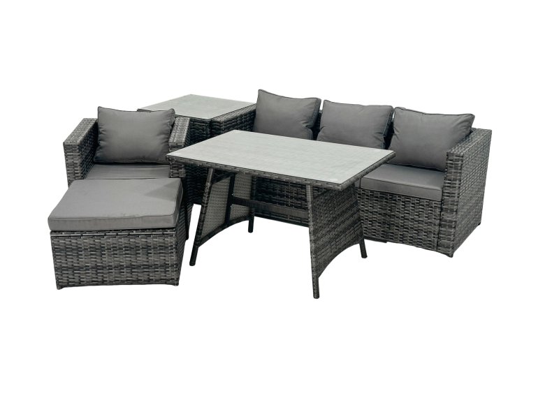 Fimous Rattan Dining Table Sofa Armchair Set with Side Table Big Footstool Outdoor Garden Furniture Set Dark Grey Mixed