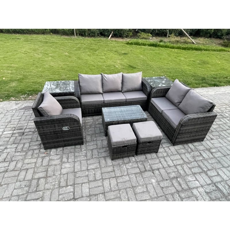 Fimous Outdoor Garden Furniture Sets 8 Pieces Wicker Rattan Furniture Sofa Sets with Rectangular Coffee Table Loveseat Sofa 2 Small Footstools 2 Side Tables