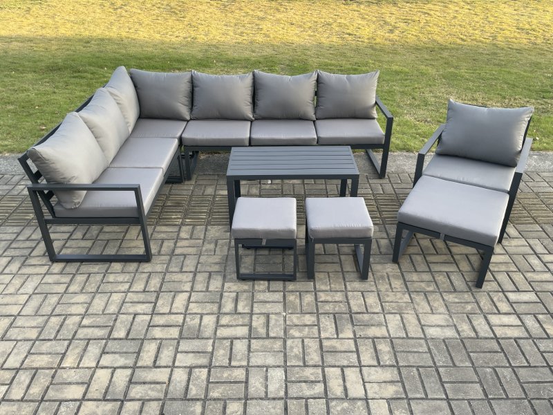 Fimous Aluminum 10 Seater Outdoor Lounge Corner Sofa Set Garden Furniture Sets with Oblong Coffee Table Chair 3 Footstools Dark Grey