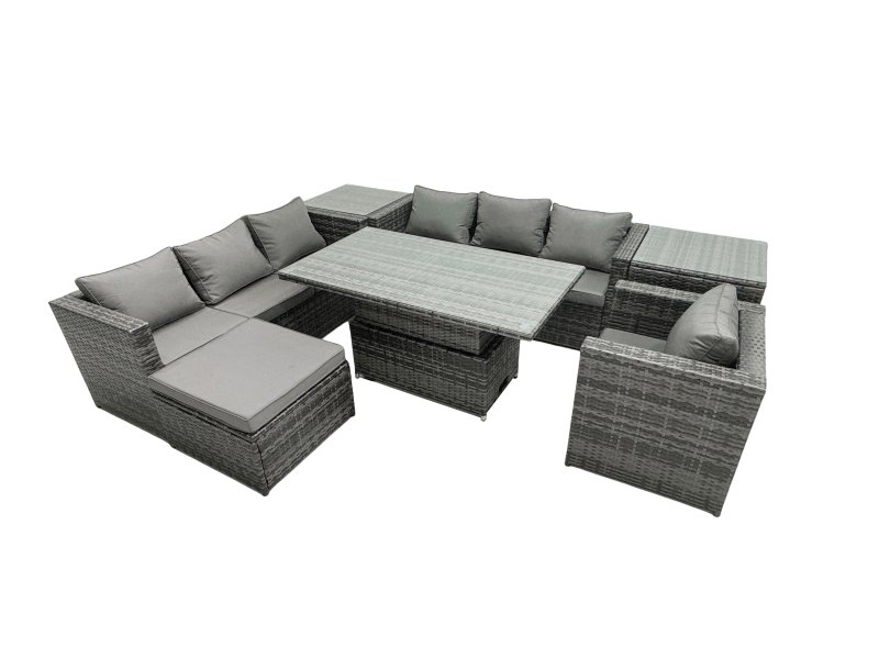 Fimous Rattan Dining Table Sofa Set with 2 Side Table Big Footstool Armchair Outdoor 8 Seat Garden Furniture Set Dark Grey Mixed
