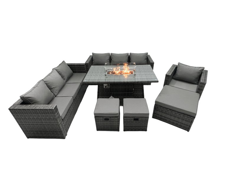 Fimous Rattan Garden Furniture Firepit Dining Set 10 Seater Lounge Sofa Table Set with 3 Footstool