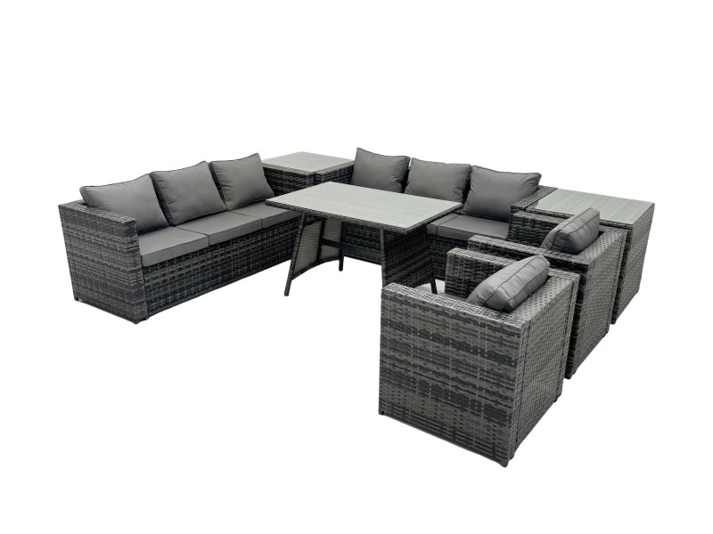 Fimous Rattan Dining Table Sofa Set with Armchair 2 Side Tables Outdoor 8 Seat Garden Furniture Set Dark Grey Mixed