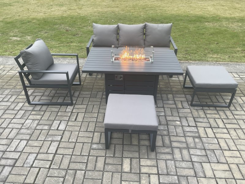 Fimous Aluminium 5 Pieces Garden Furniture Sofa Set with Cushions Gas Fire Pit Dining Table Set with 2 Big Footstools Dark Grey