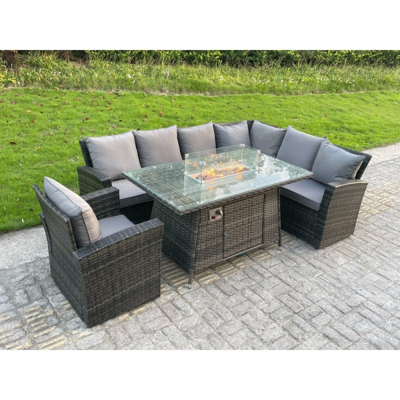 Fimous High Back Rattan Corne r Sofa Set Garden Furniture Sofa Gas Fire Pit Dining Table Gas Heater Chair 7 Seater