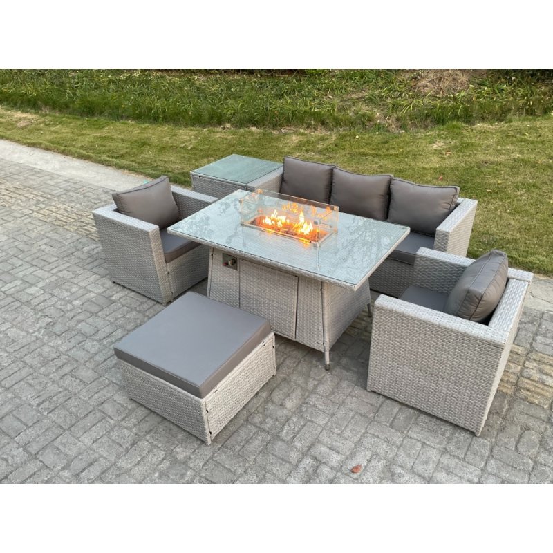 Fimous Rattan Garden Furniture Set Gas Fire Pit Lounge Sofa Chair Dining Set With Side Table And 2 PC Arm Chair Footstool