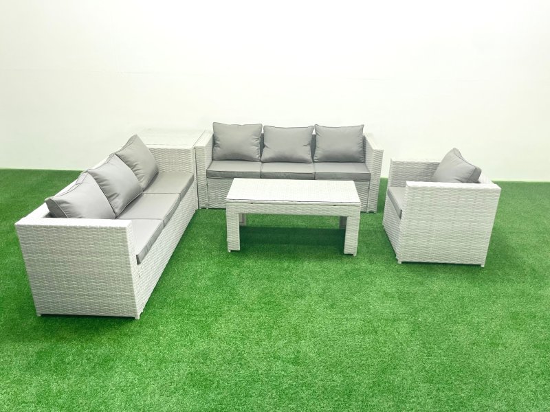 Fimous Wicker PE Rattan Sofa Garden Furniture Set with Oblong Coffee Table Armchair Side Table Light Grey Mixed