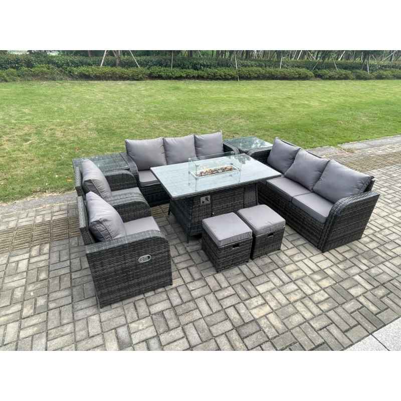 Fimous Wicker Rattan Garden Furniture Set Gas Fire Pit Dining Table Indoor Outdoor with 2 Side Tables Chair Loveseat Sofa 2 Small Footstools
