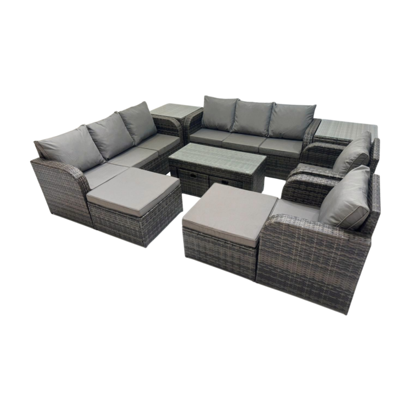 Fimous Rattan Garden Outdoor Furniture Set 3 Seater Sofa Reclining Chair Coffee Table with 4 Footstools 2 Side Tables Dark Grey Mixed