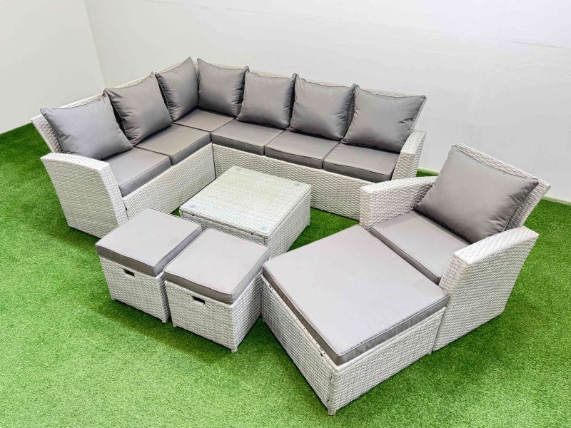 Fimous Outdoor Rattan Garden Furniture Set 10 Seater Corner Sofa Sets with Square Coffee Table Chair 3 Footstools Light Grey Mixed