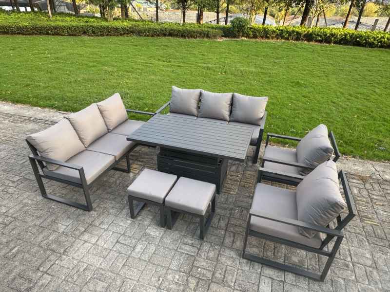 Fimous Garden Aluminium Furniture Set Dark Grey 9 Seater Outdoor Patio Adjustable Rising Lifting Dining Table with 2 Chairs 2 Side Tables Big Footstool Dark Grey