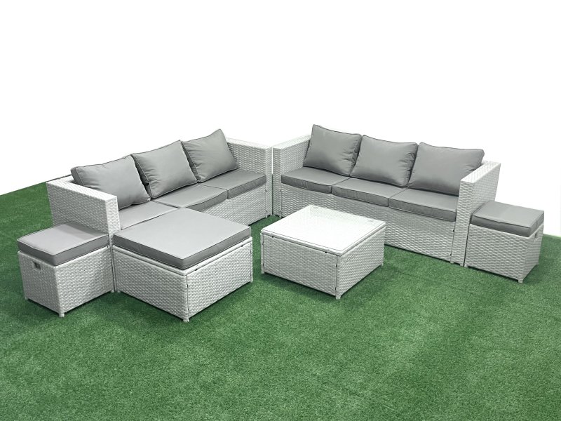Fimous Rattan Garden Outdoor Furniture Set 9 Seater Rattan Garden Sofa Set with 3 Footstools Light Grey Mixed