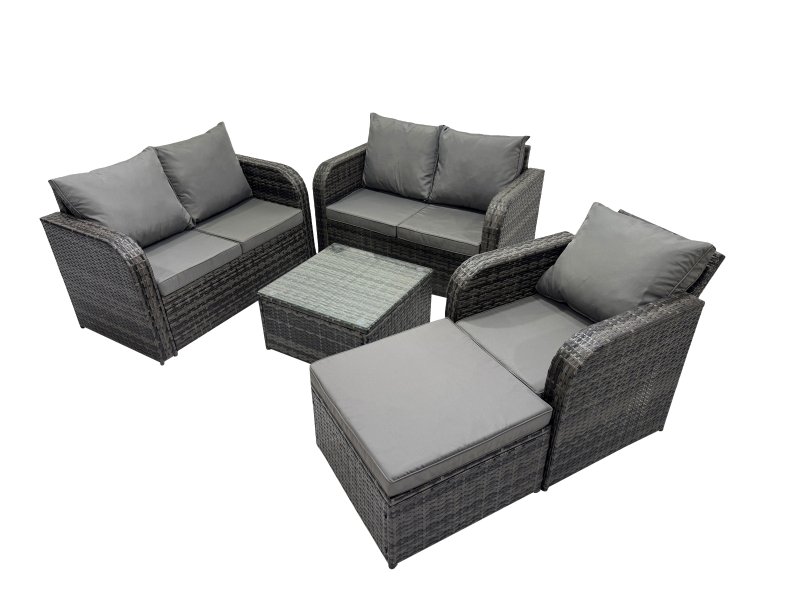 Fimous Rattan Garden Outdoor Furniture Set Love Sofa Square Coffee Table Set with Big Stool Dark Grey Mixed