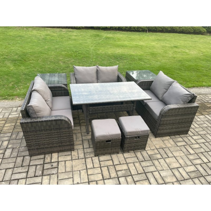 Fimous 8 Seater Outdoor Rattan Garden Furniture Set with Patio Rectangular Dining Table 2 Side Tables Love Sofa 2 Small Footstools Dark Grey Mixed