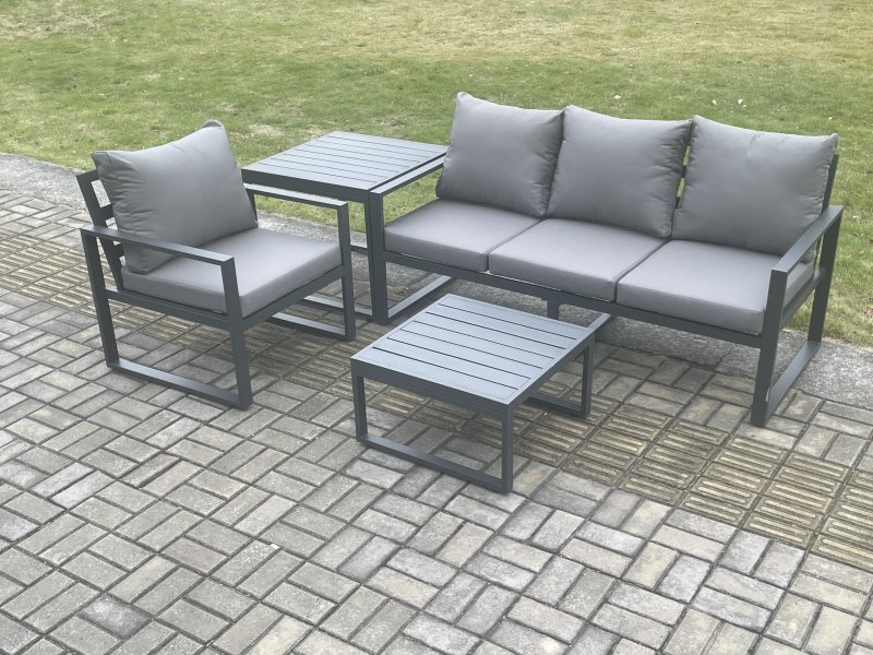Fimous Aluminium Outdoor Garden Furniture Set Lounge Sofa Chairs Square Coffee Table Sets with Side Table Conservatory Set Dark Grey