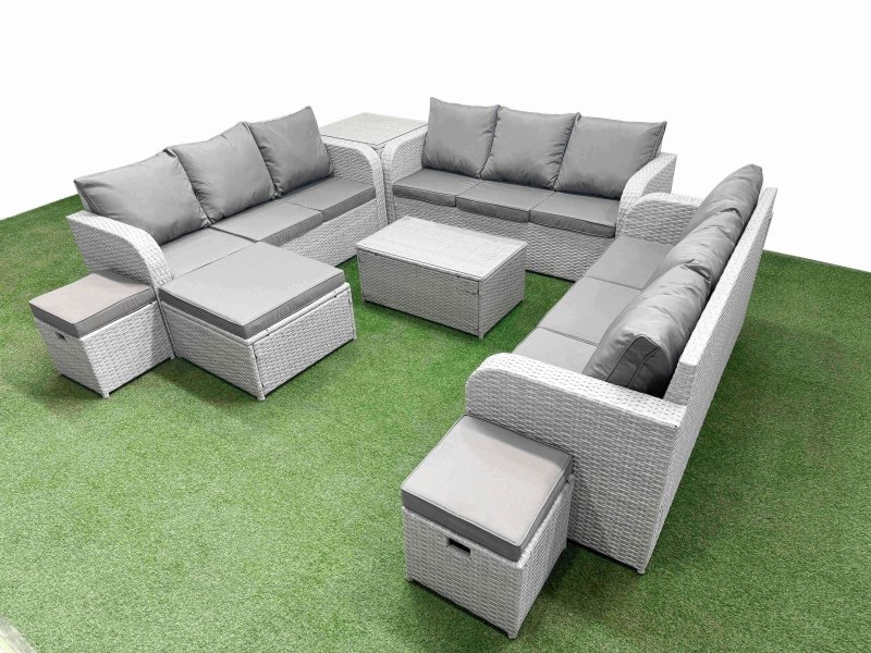 Fimous PE Rattan Lounge Sofa Set 12 Seater Outdoor Garden Furniture Set with Rectangular Coffee Table 3 Seater Sofa 3 Stools Side Table Light Grey