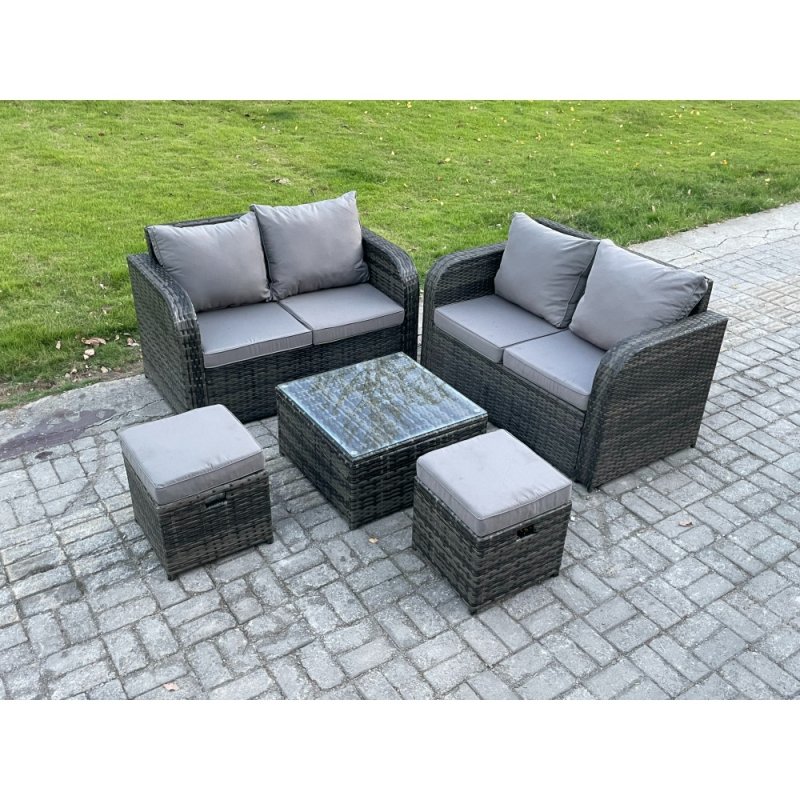 Fimous Rattan Sofa Set Outdoor Garden Furniture Set with Square Coffee Table Loveseat Sofa 2 Small Footstool Dark Grey Mixed