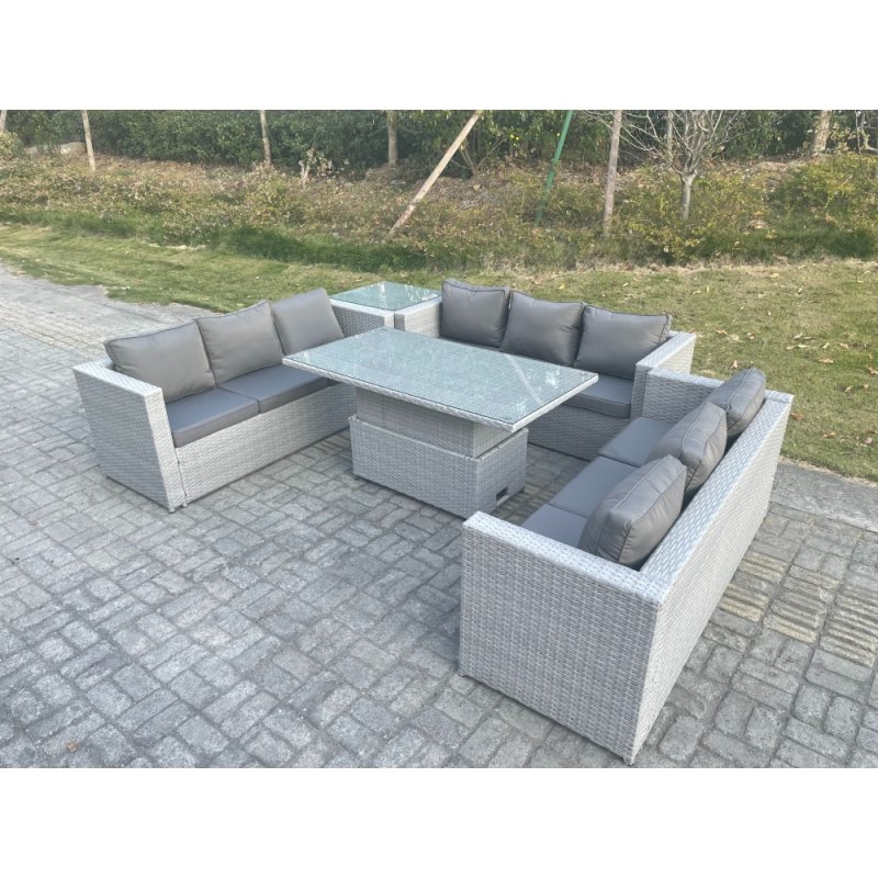 Fimous Lounge Rattan Garden Furniture Set Adjustable Rising Lifting Table Dining Set With Side Coffee Tea Table