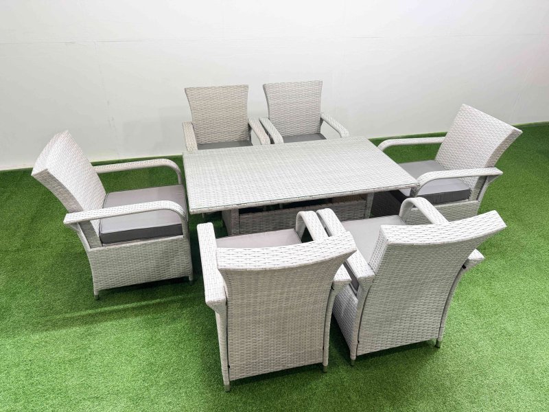 Fimous Rattan Garden Furniture Set with Rectangular Dining Table And Dining Chairs 6 Seater Light Grey Mixed