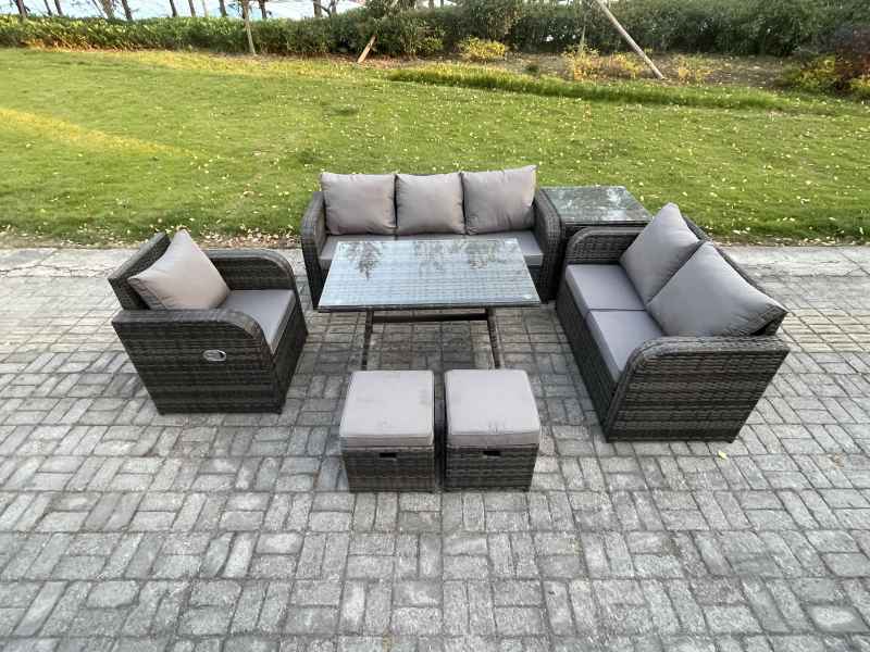 Fimous 8 Seater Outdoor Rattan Garden Furniture Set Patio Lounge Sofa Set with Dining Table Side Table 2 Small Footstools Dark Grey Mixed