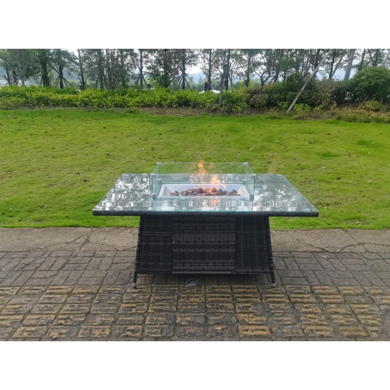 Fimous Outdoor Rattan Garden Corner Furniture Gas Fire Pit Dining Table Gas Heater Sets Lounge Chairs Side Table Dark Grey 8 Seater