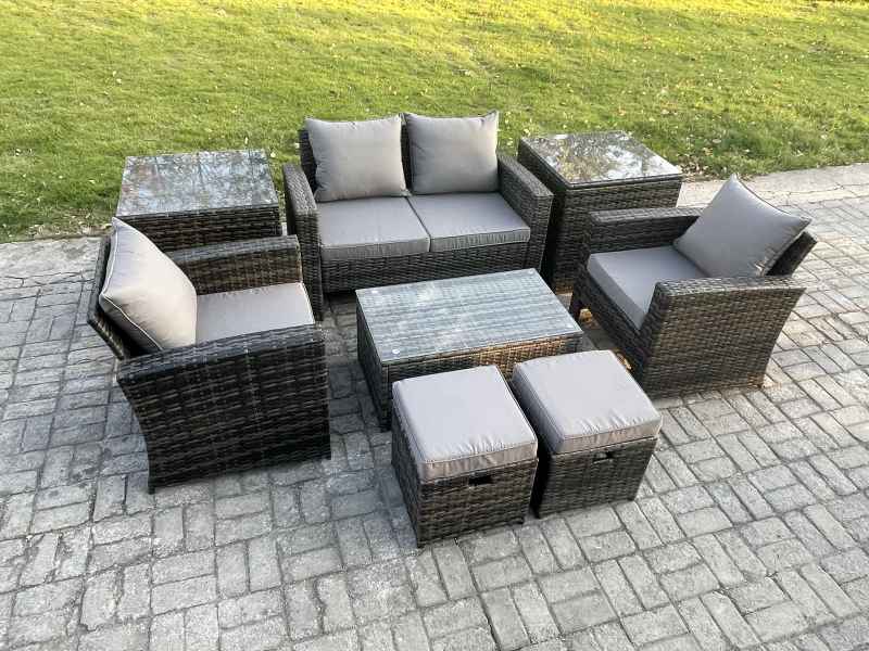 Fimous 6 Seater Dark Grey Outdoor Rattan Garden Furniture Set Patio Lounge Sofa Rectangular Coffee Table with 2 Side Table 2 Small Footstools