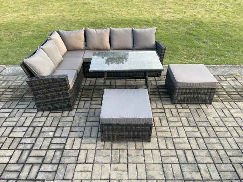Fimous High Back Outdoor Garden Furniture Set Rattan Corner Sofa Dining Table Set With 2 Big Footstool 8 Seater Dark Grey Mixed