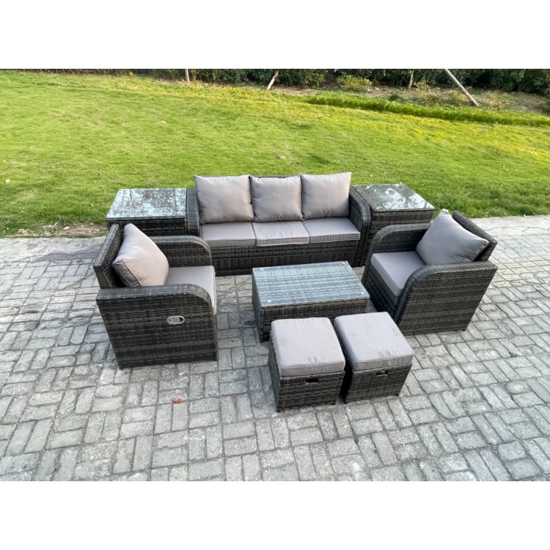 Fimous 7 Seater Rattan Garden Furniture Set Patio Outdoor Lounge Sofa Set with Rectangular Coffee Table 2 Small Footstools 3 Seater Sofa 2 Side Tables Dark Grey Mixed