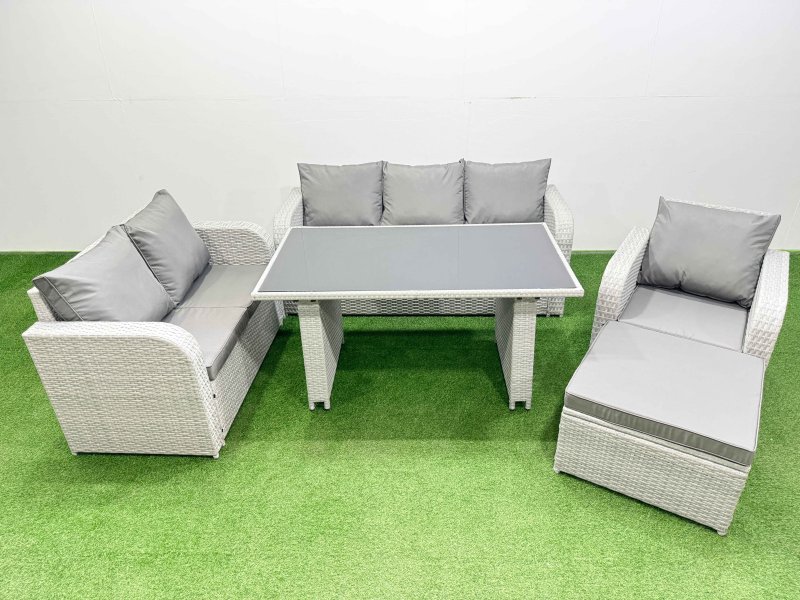 Fimous Rattan Outdoor Table Reclining Chair Sofa Set with Big Stool Light Grey 7 Seater