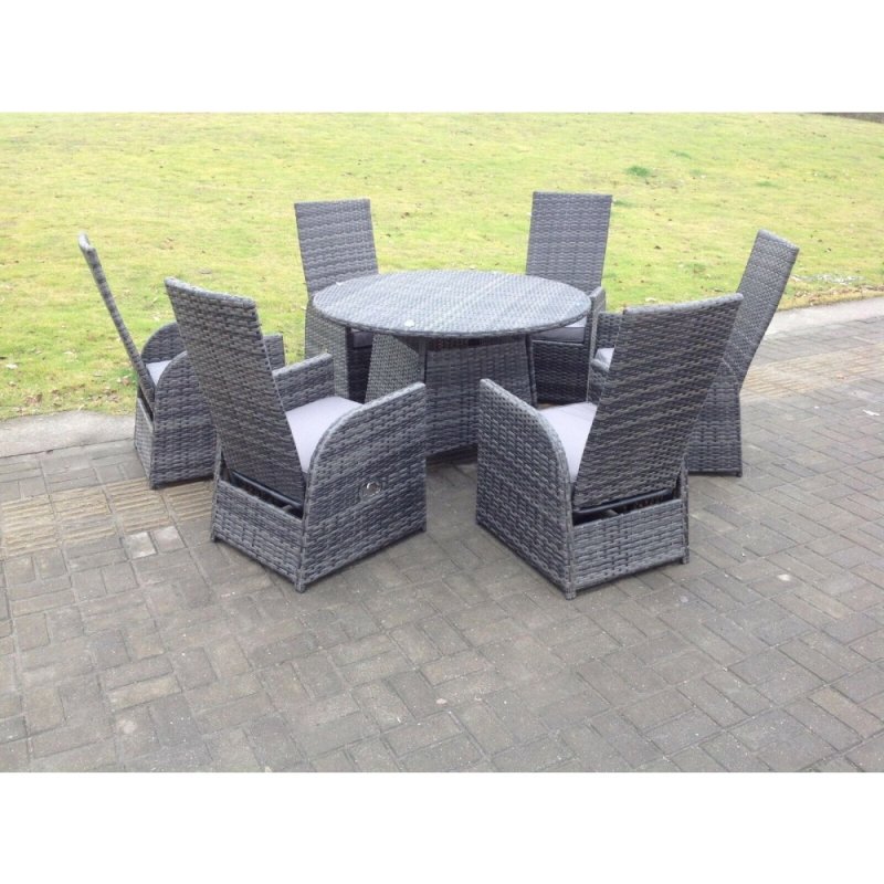 Fimous Dark Grey Mixed Outdoor Wicker Rattan Garden Furniture Reclining Chair And Table Dining Sets 6 Seater Round Table