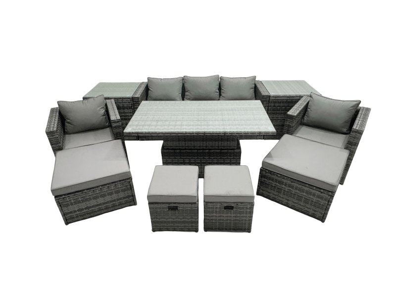 Fimous PE Rattan Garden Furniture Set Lounge Sofa Rising Dining Table Set with 2 Side Tables 4 Footstool Dark Grey Mixed