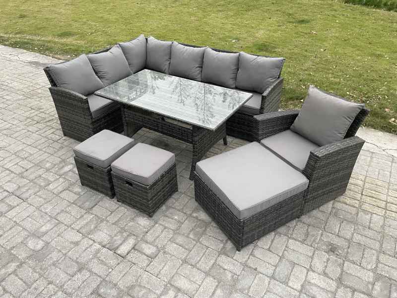Fimous 10 Seater Outdoor Rattan Garden Furniture Set with Rectangular Dining Table 3 Footstool Armchiar Patio Wicker Corner Sofa Set Dark Grey Mixed