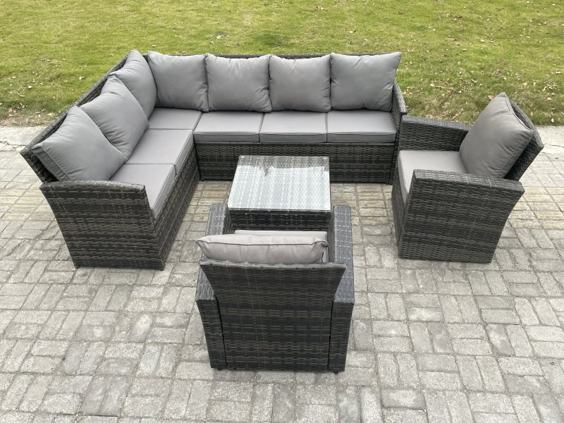 Fimous 8 Seater Outdoor Garden Furniture Set Wicker PE Rattan Corner Sofa Set with Square Coffee Table 2 Armchairs Dark Grey Mixed